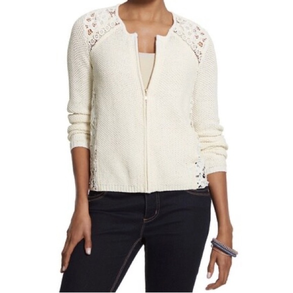 Chico's womens XLarge 3 ivory white Lainey Lace zip up crew neck cardigan